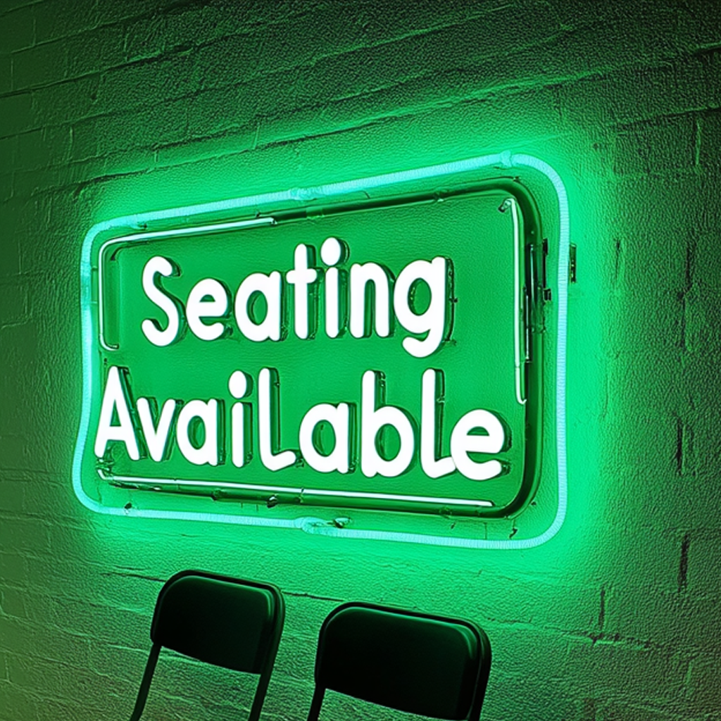 "Seating Available" - Green Neon Sign, 24 Inches