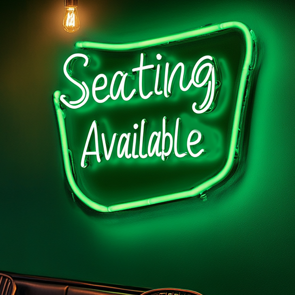 "Seating Available" - Green Neon Sign, 24 Inches