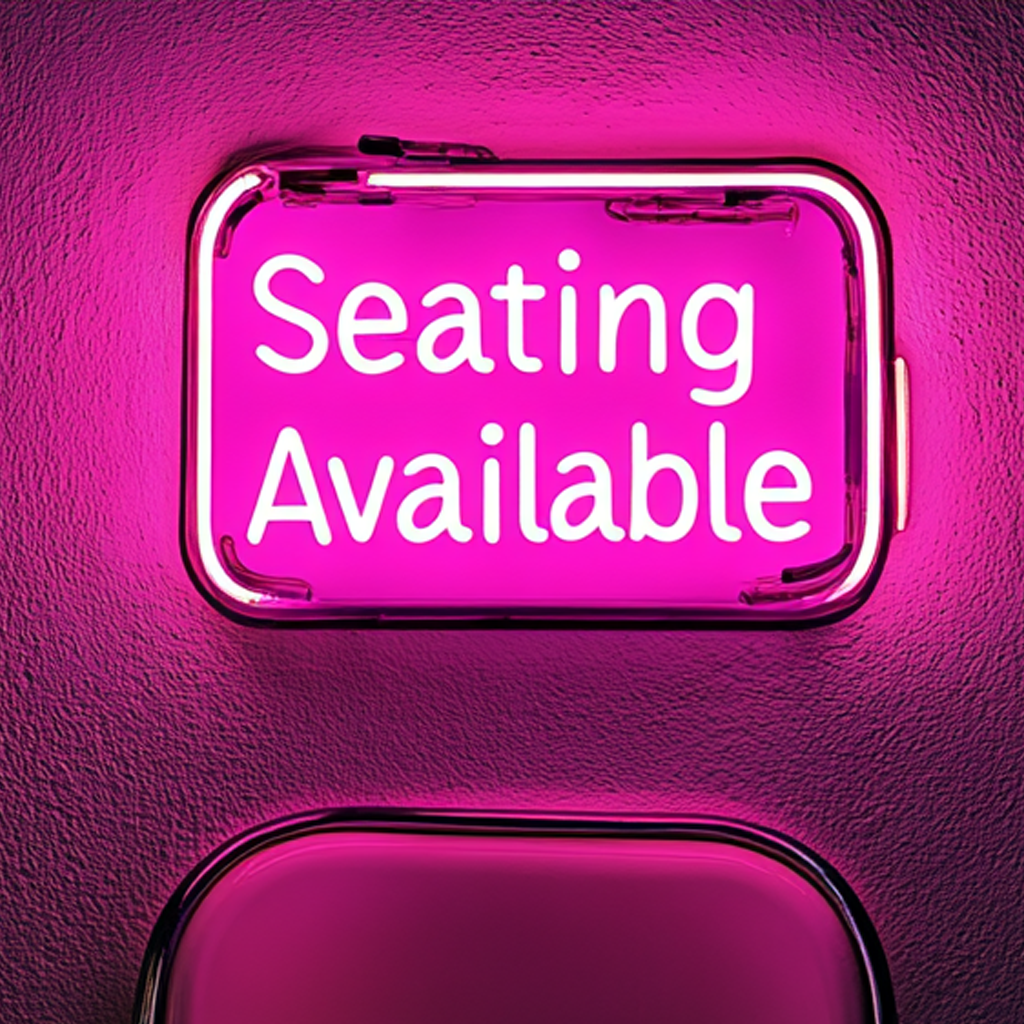 "Seating Available" - Pink Neon Sign, 24 Inches