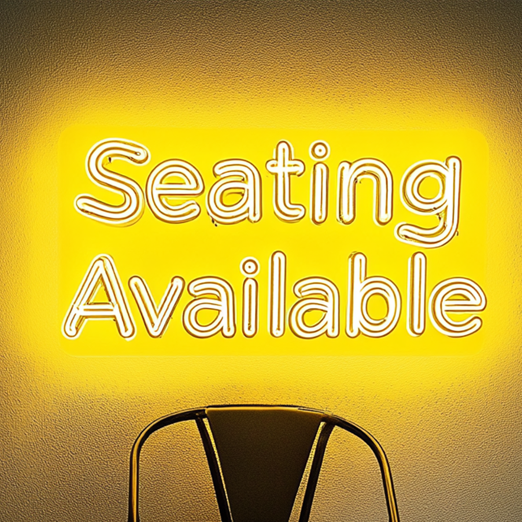 "Seating Available" - Yellow Neon Sign, 24 Inches