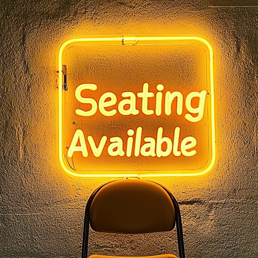 "Seating Available" - Yellow Neon Sign, 24 Inches