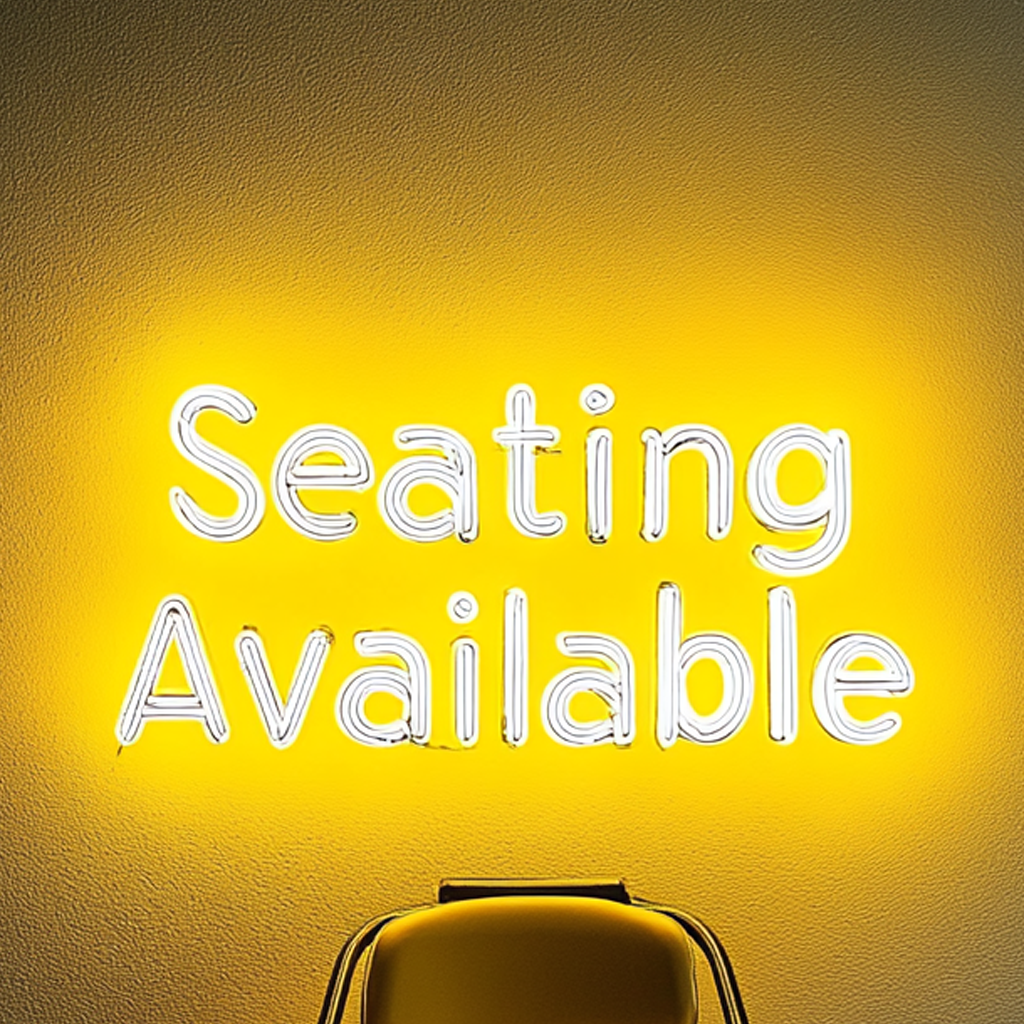 "Seating Available" - Yellow Neon Sign, 24 Inches