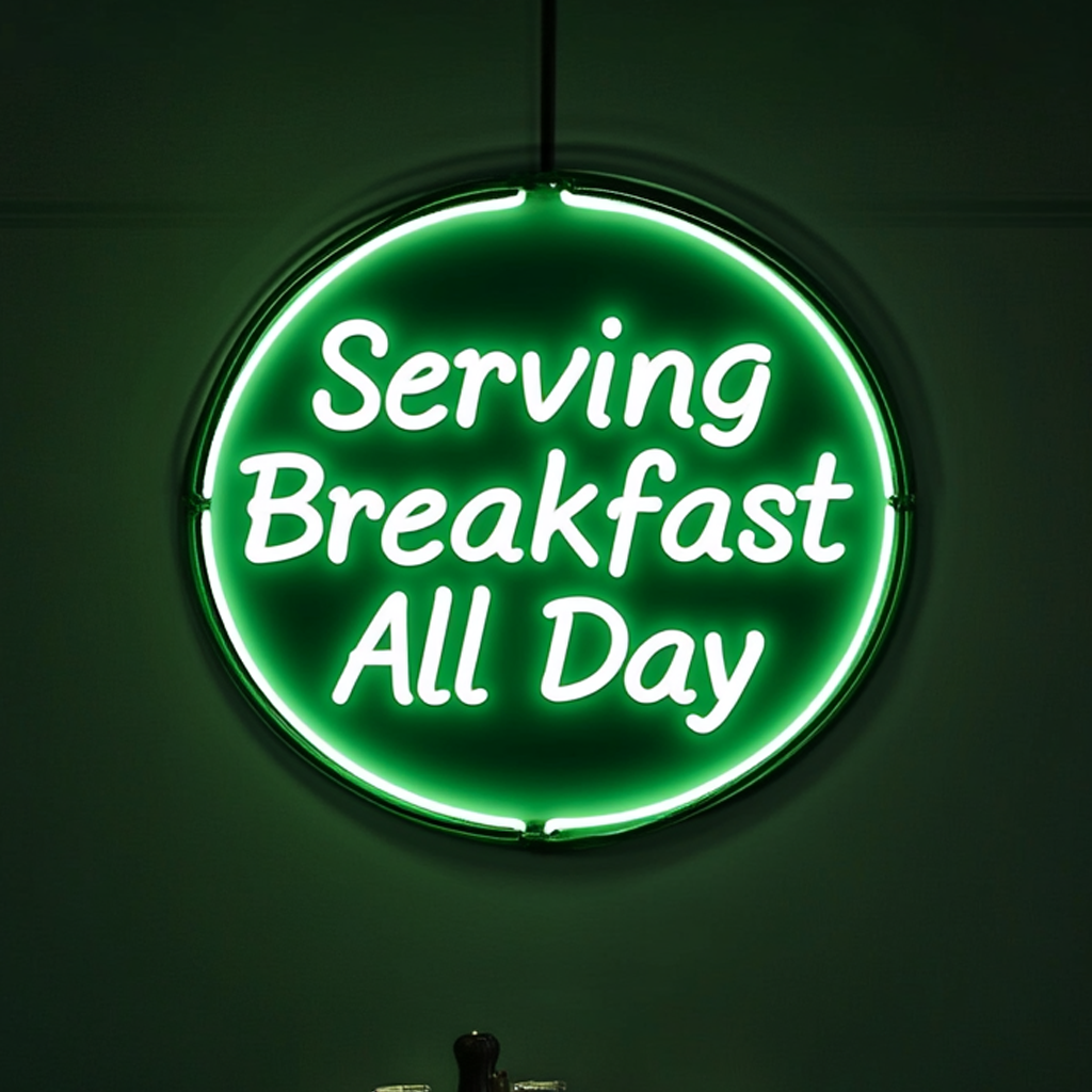 "Serving Breakfast All Day" - Green Neon Sign, 24 Inches