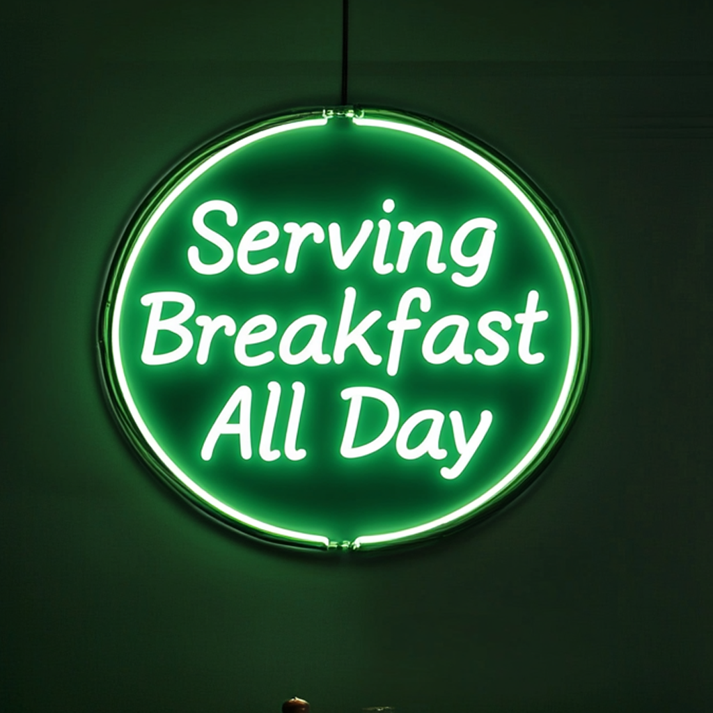 "Serving Breakfast All Day" - Green Neon Sign, 24 Inches