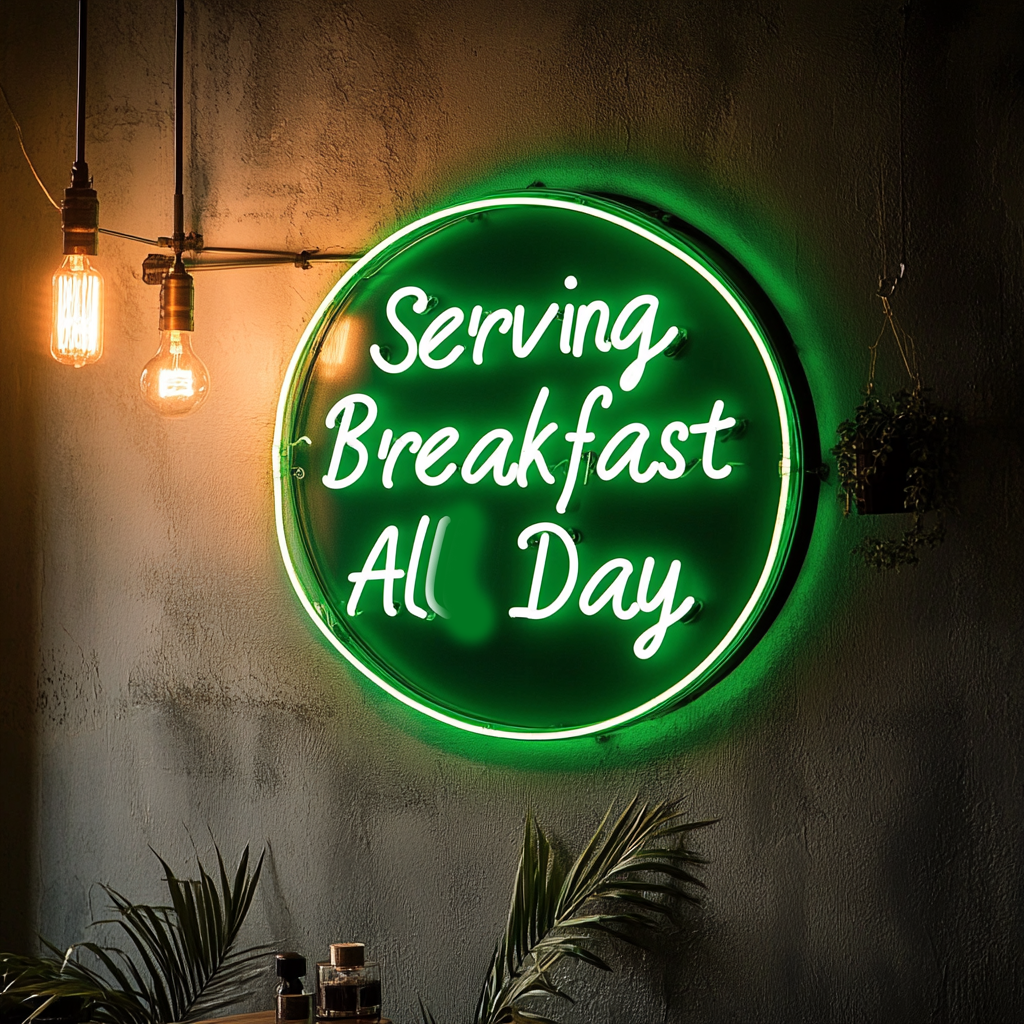 "Serving Breakfast All Day" - Green Neon Sign, 24 Inches