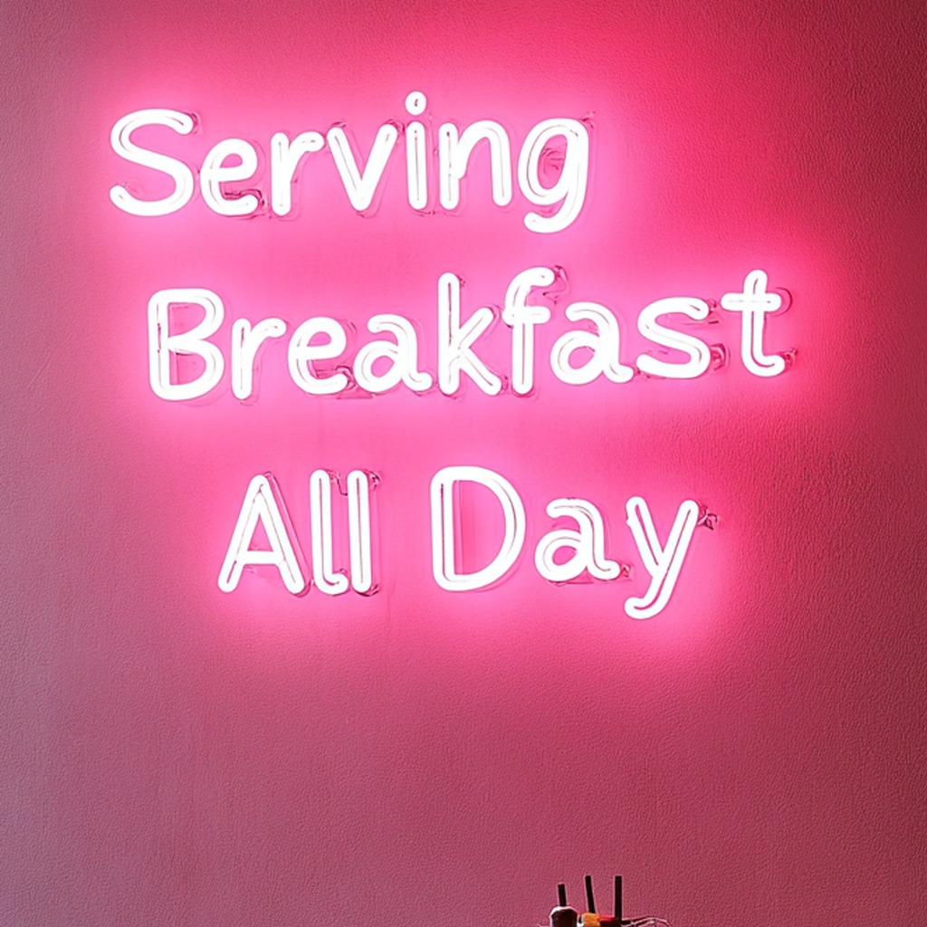 "Serving Breakfast All Day" - Pink Neon Sign, 24 Inches