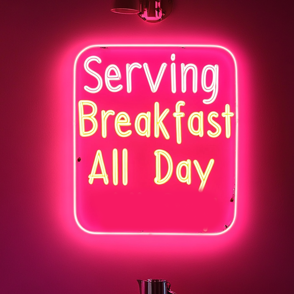 "Serving Breakfast All Day" - Pink Neon Sign, 24 Inches