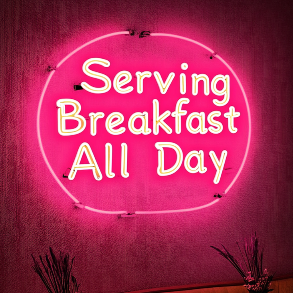 "Serving Breakfast All Day" - Pink Neon Sign, 24 Inches