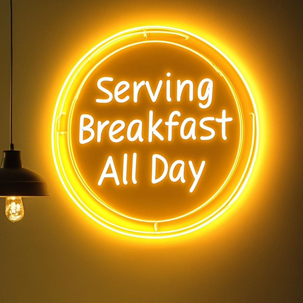 "Serving Breakfast All Day" - Yellow Neon Sign, 24 Inches