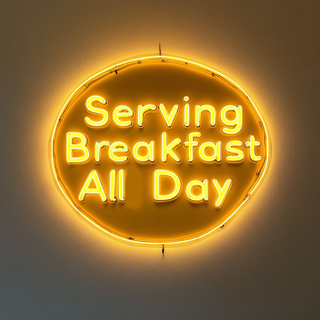 "Serving Breakfast All Day" - Yellow Neon Sign, 24 Inches