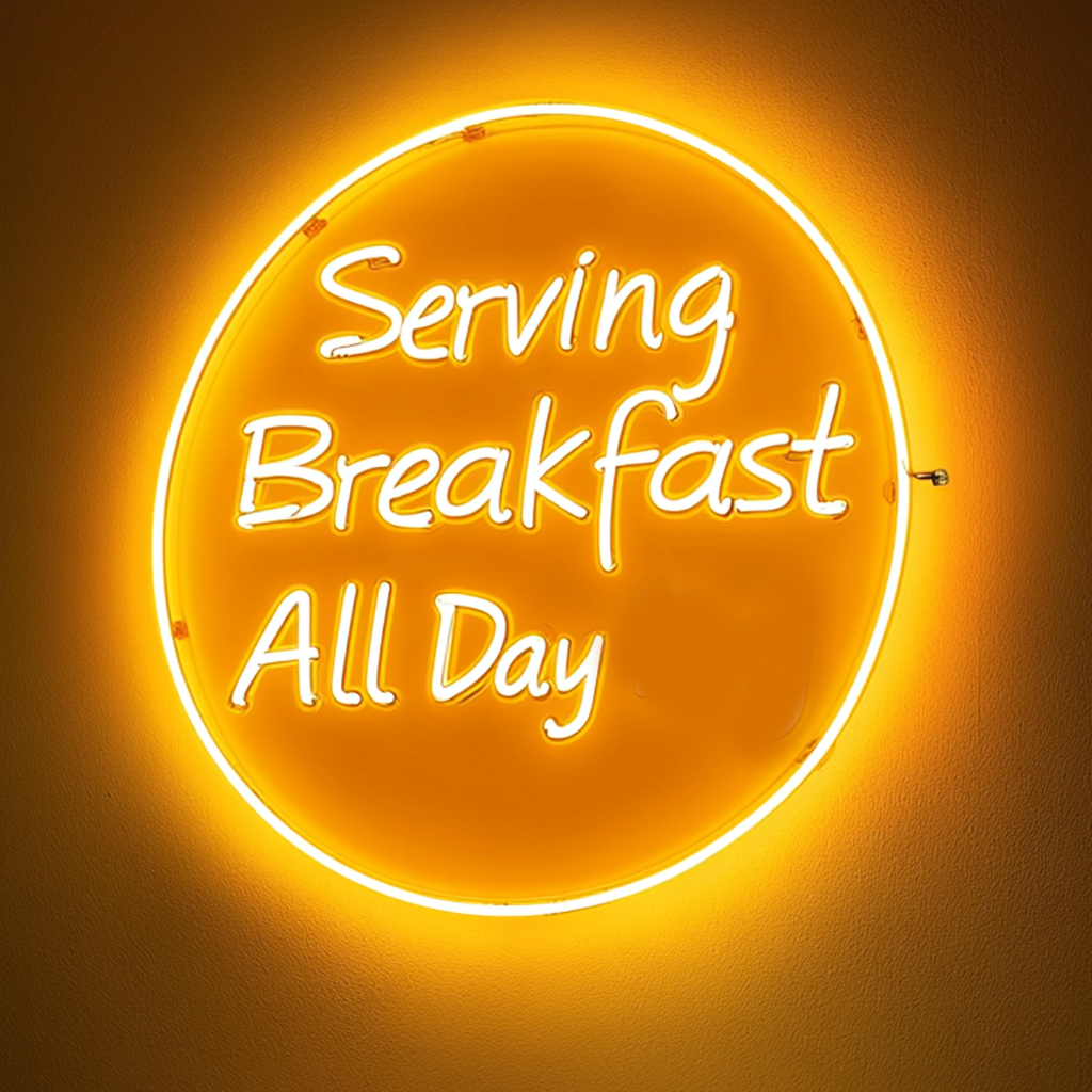 "Serving Breakfast All Day" - Yellow Neon Sign, 24 Inches