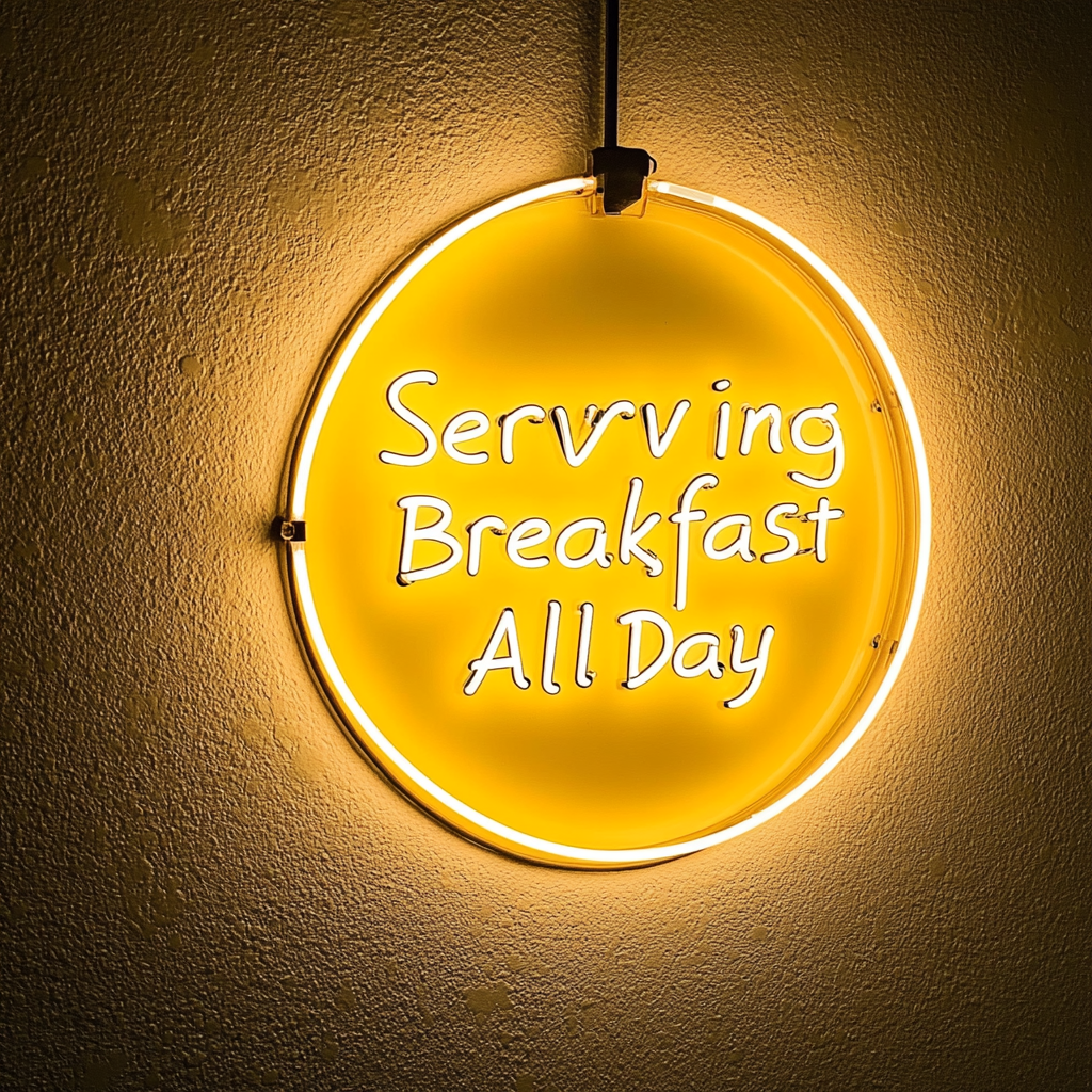 "Serving Breakfast All Day" - Yellow Neon Sign, 24 Inches