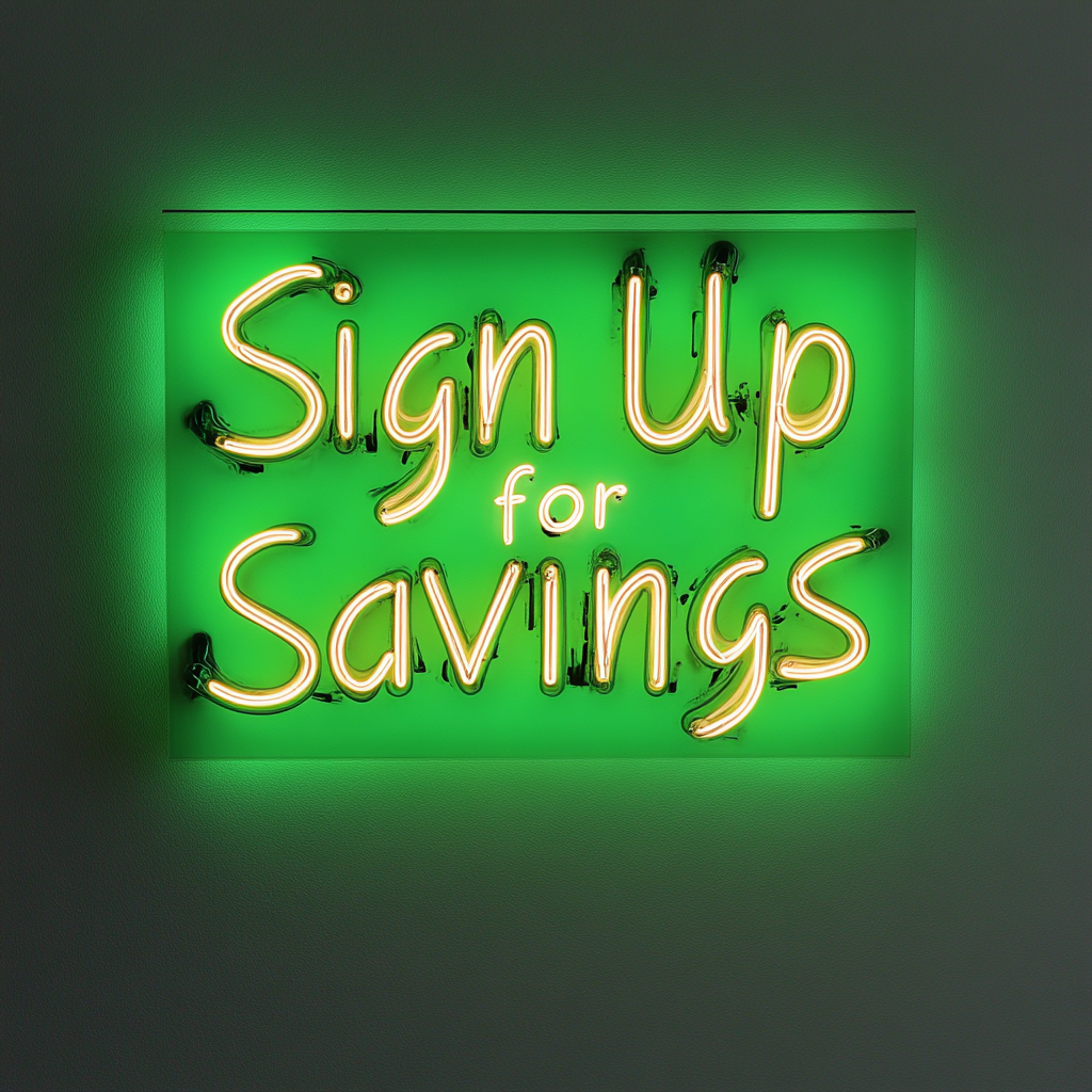 "Sign Up for Savings" - Green Neon Sign, 24 Inches