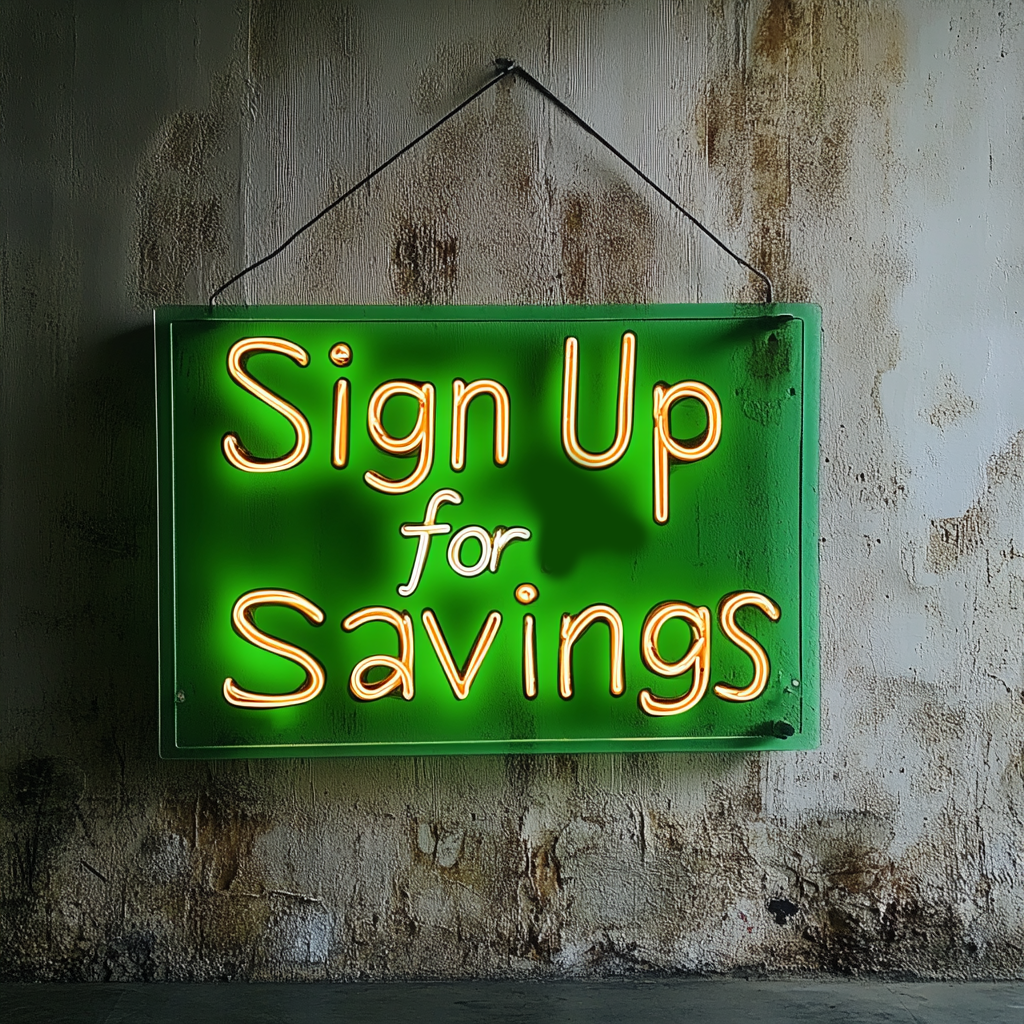"Sign Up for Savings" - Green Neon Sign, 24 Inches