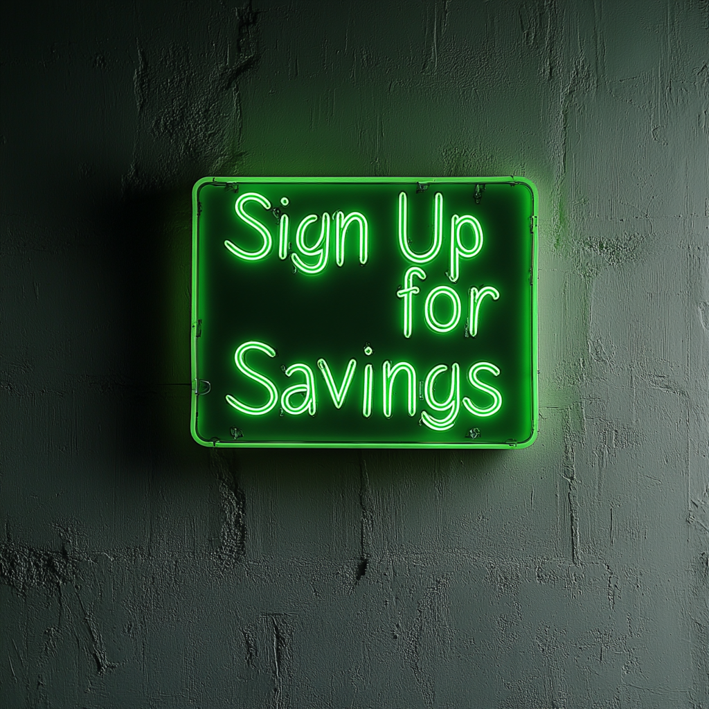 "Sign Up for Savings" - Green Neon Sign, 24 Inches