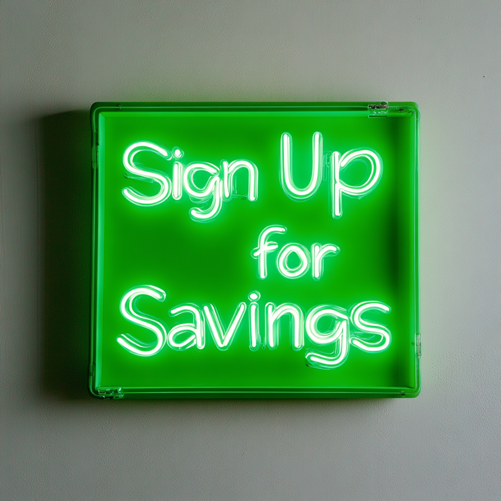 "Sign Up for Savings" - Green Neon Sign, 24 Inches