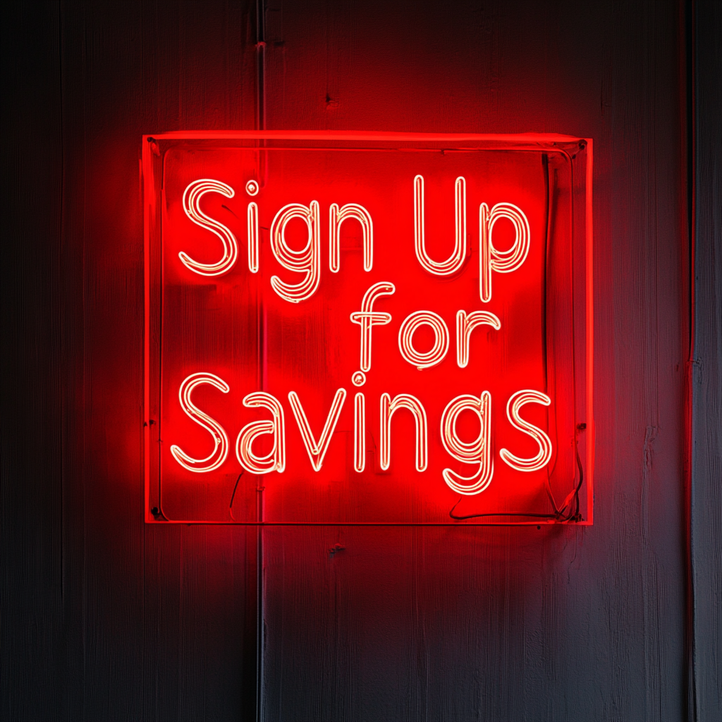 "Sign Up for Savings" - Red Neon Sign, 24 Inches