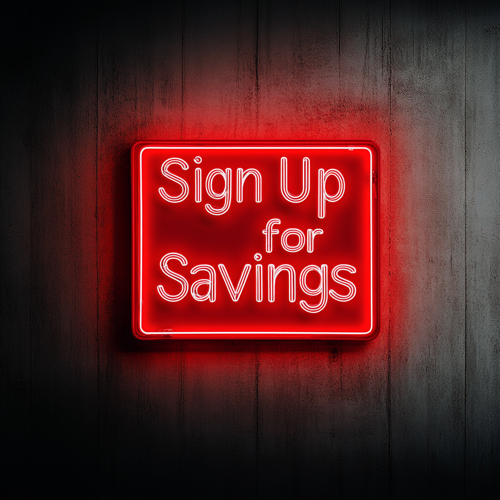 "Sign Up for Savings" - Red Neon Sign, 24 Inches