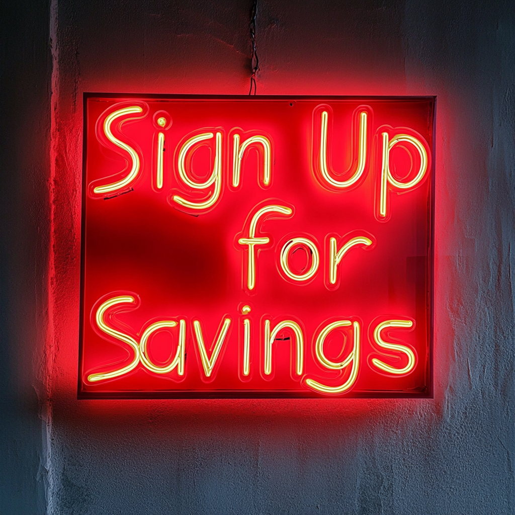 "Sign Up for Savings" - Red Neon Sign, 24 Inches