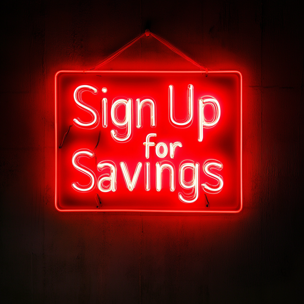 "Sign Up for Savings" - Red Neon Sign, 24 Inches