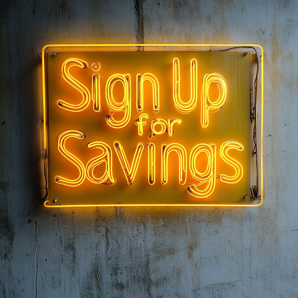 "Sign Up for Savings" - Yellow Neon Sign, 24 Inches