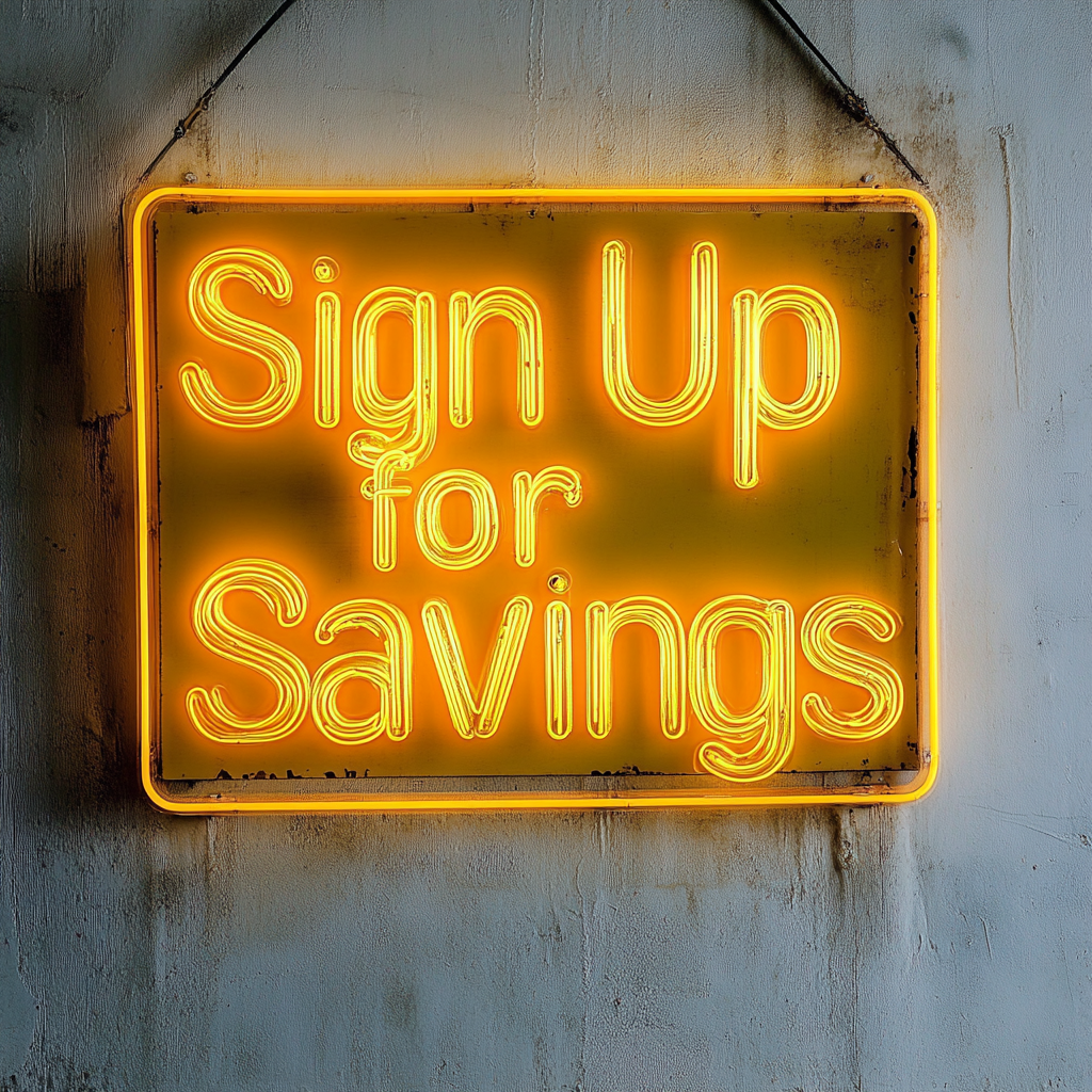 "Sign Up for Savings" - Yellow Neon Sign, 24 Inches