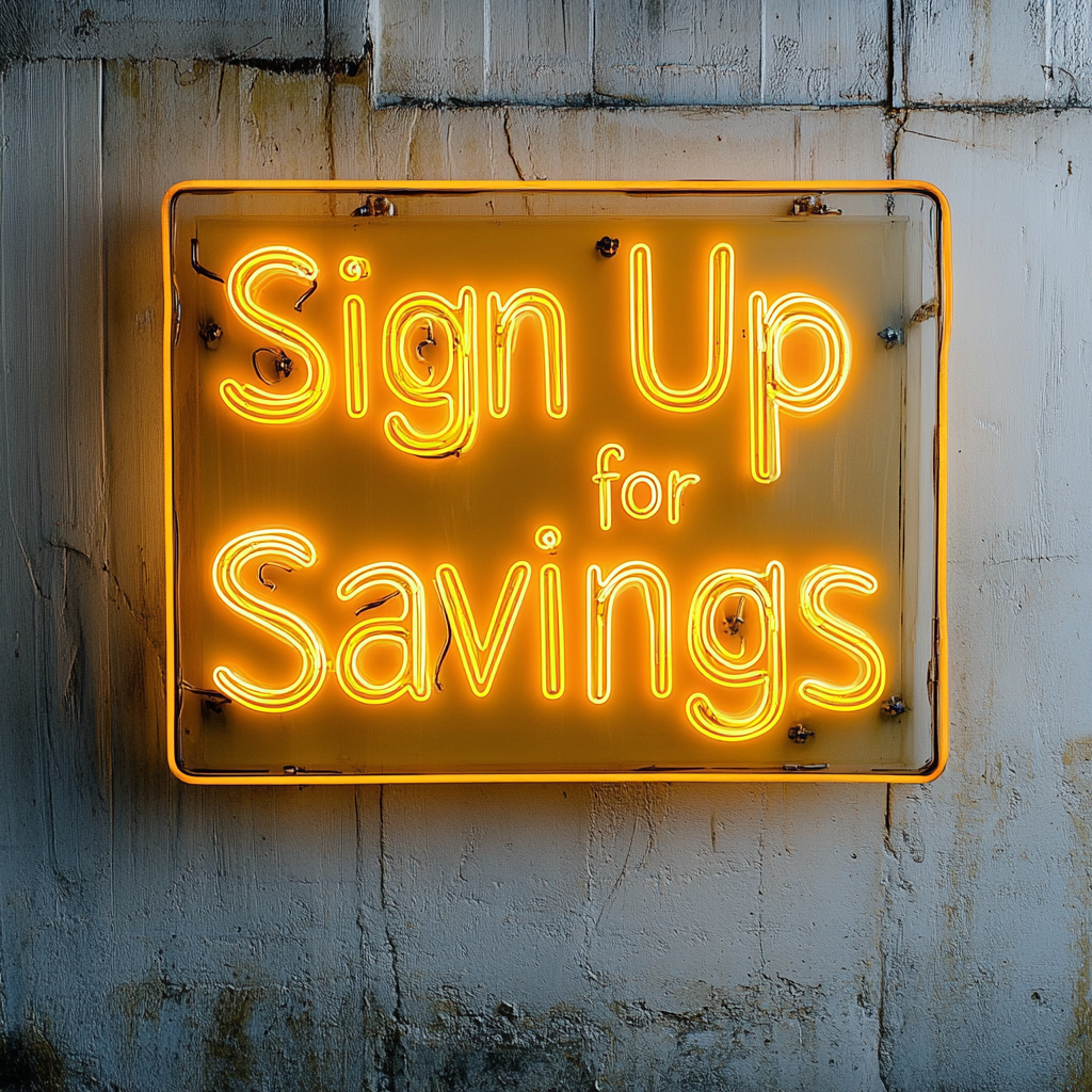 "Sign Up for Savings" - Yellow Neon Sign, 24 Inches