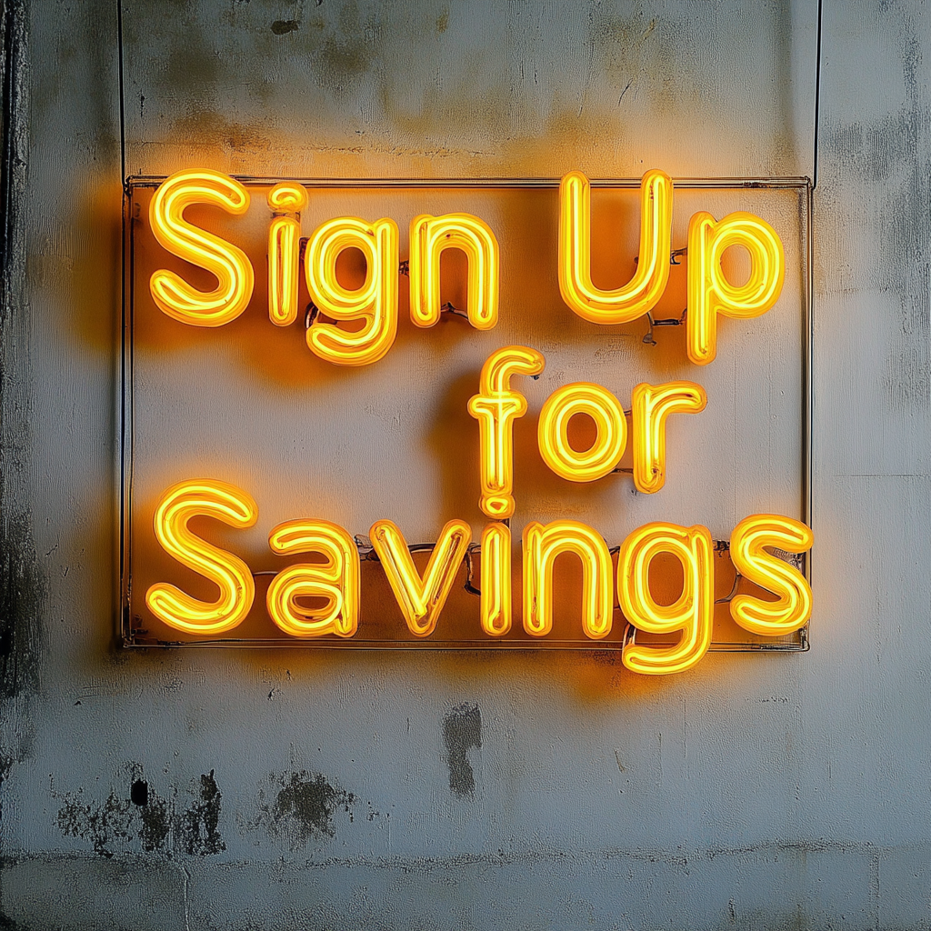 "Sign Up for Savings" - Yellow Neon Sign, 24 Inches