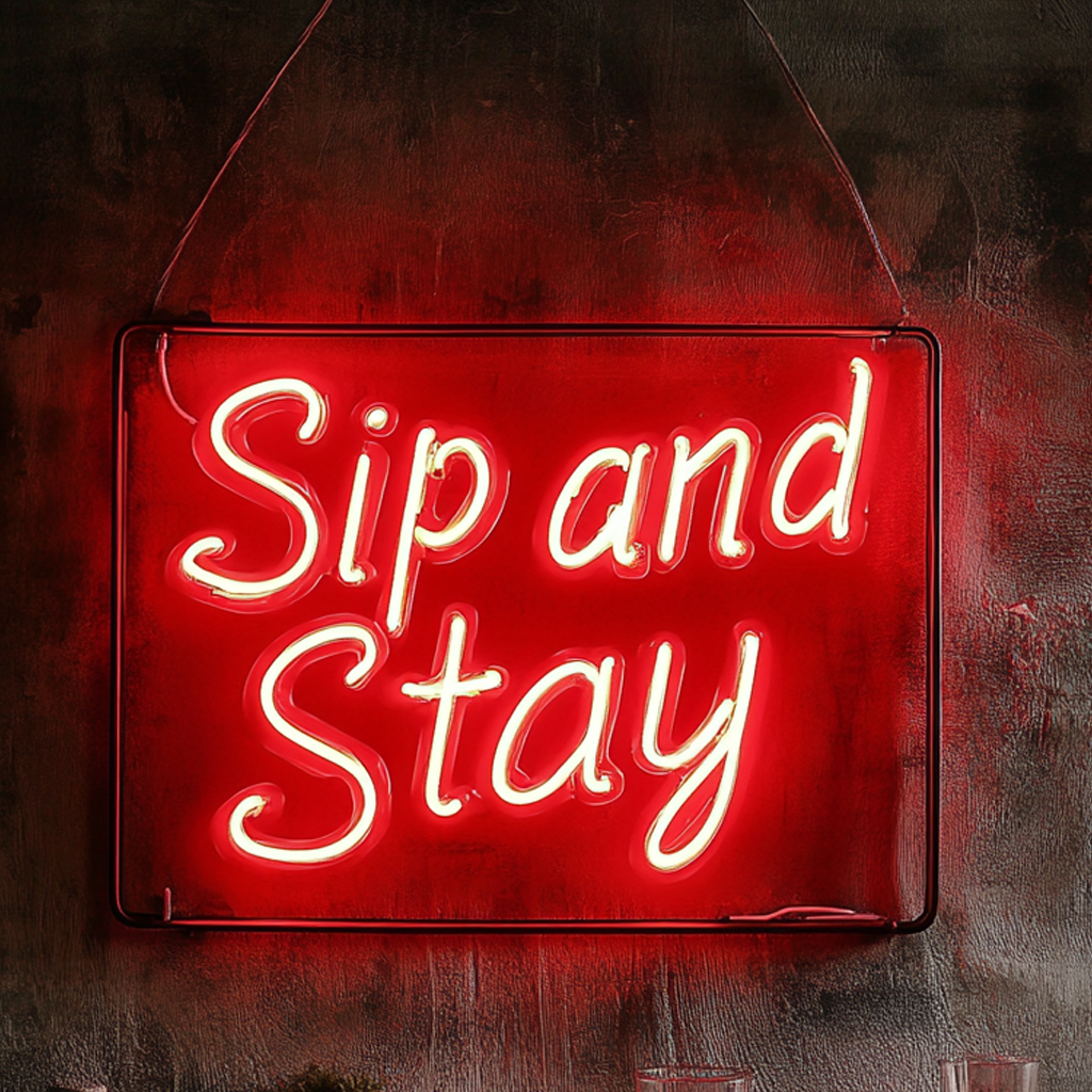 "Sip and Stay" - Red Neon Sign, 24 Inches