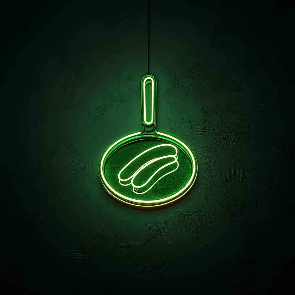 Skillet with Sausages - Green Neon Sign, 18 Inches