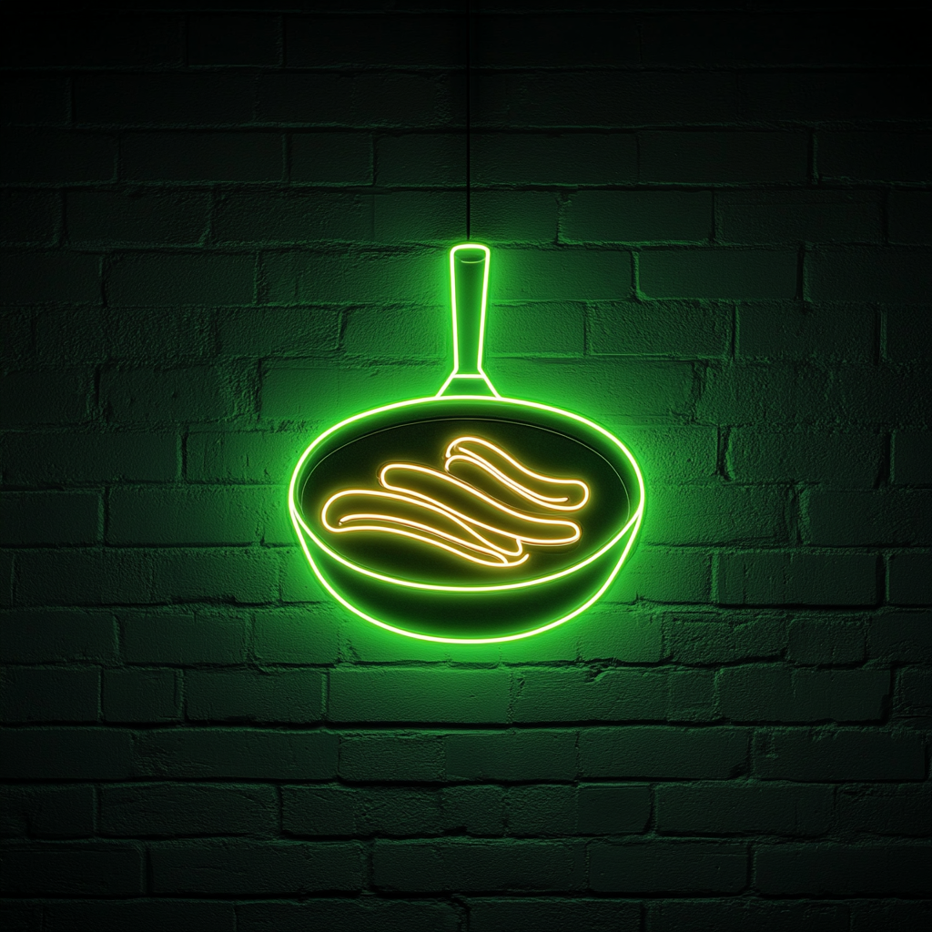 Skillet with Sausages - Green Neon Sign, 24 Inches