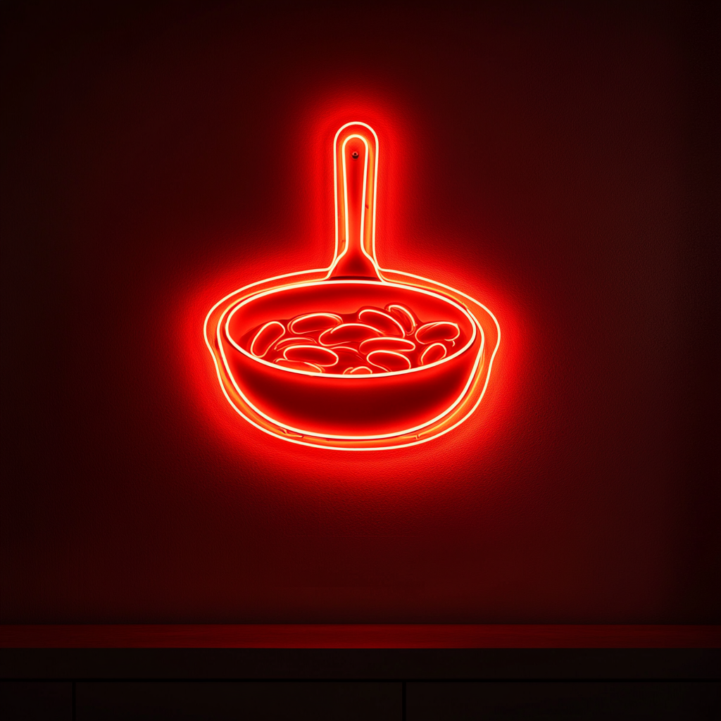 Skillet with Sausages - Red Neon Sign, 24 Inches