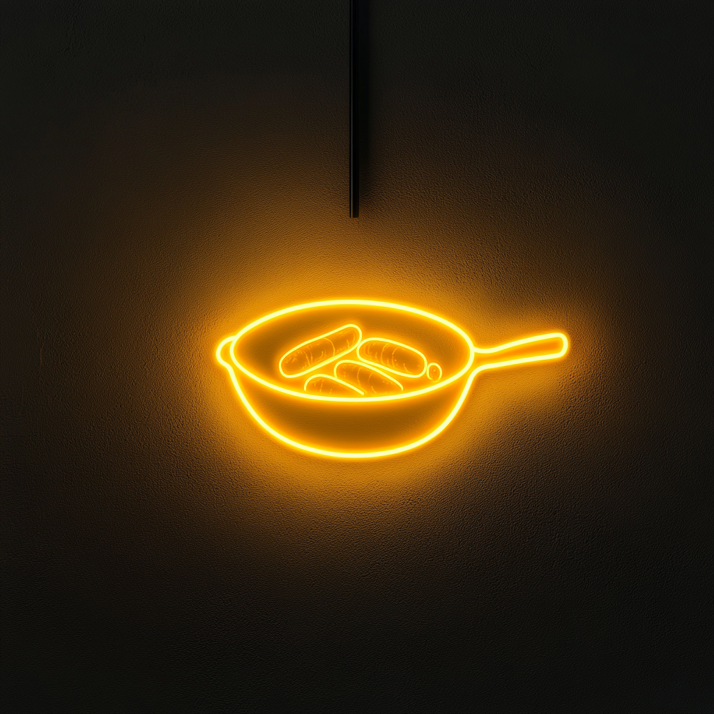 Skillet with Sausages - Yellow Neon Sign, 18 Inches
