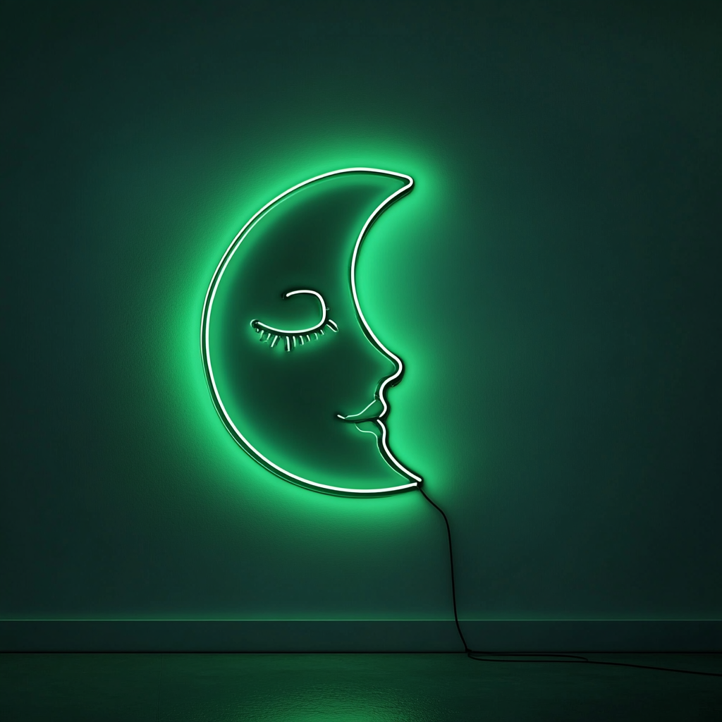 Sleeping Moon - Green Neon Sign, 18 Inches