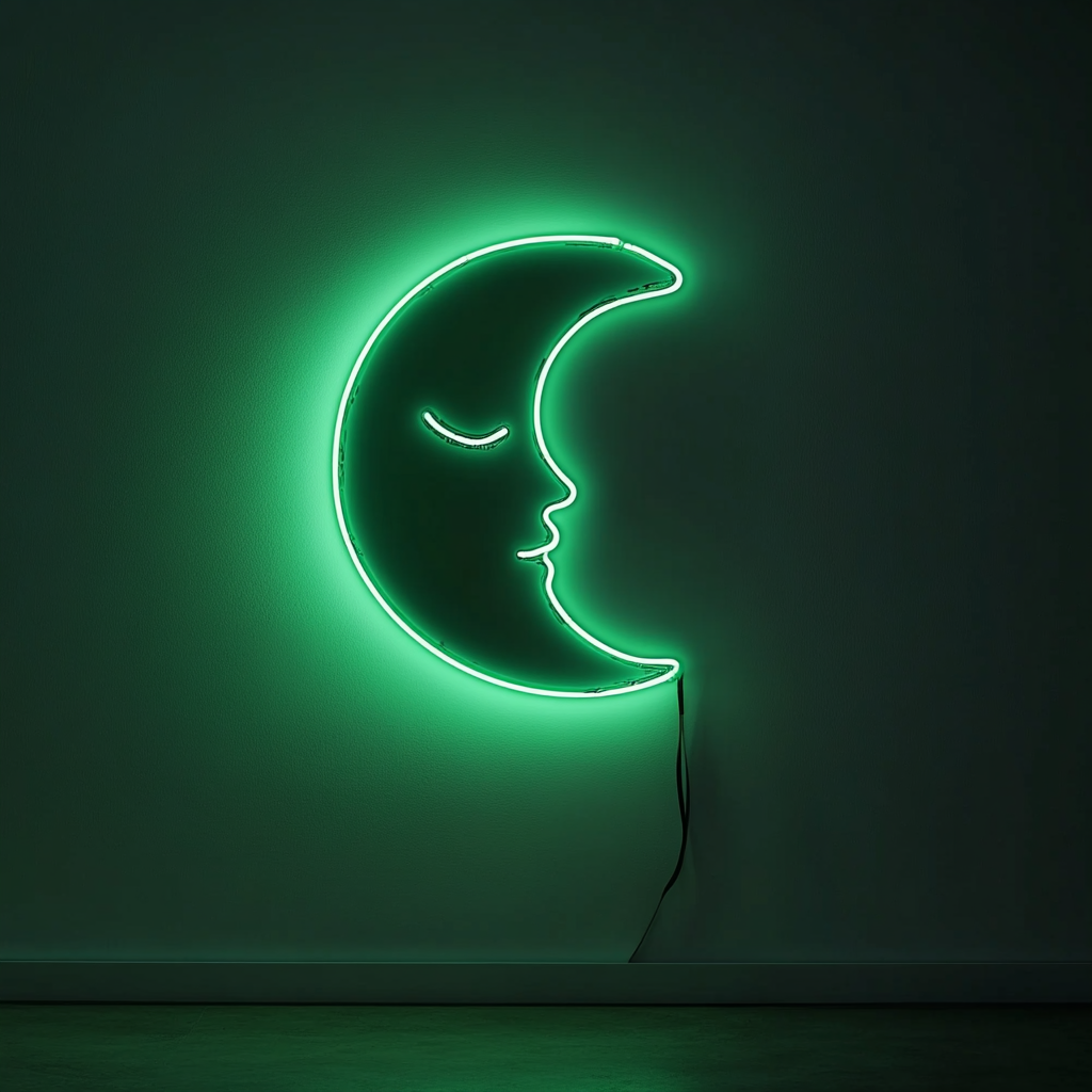 Sleeping Moon - Green Neon Sign, 18 Inches
