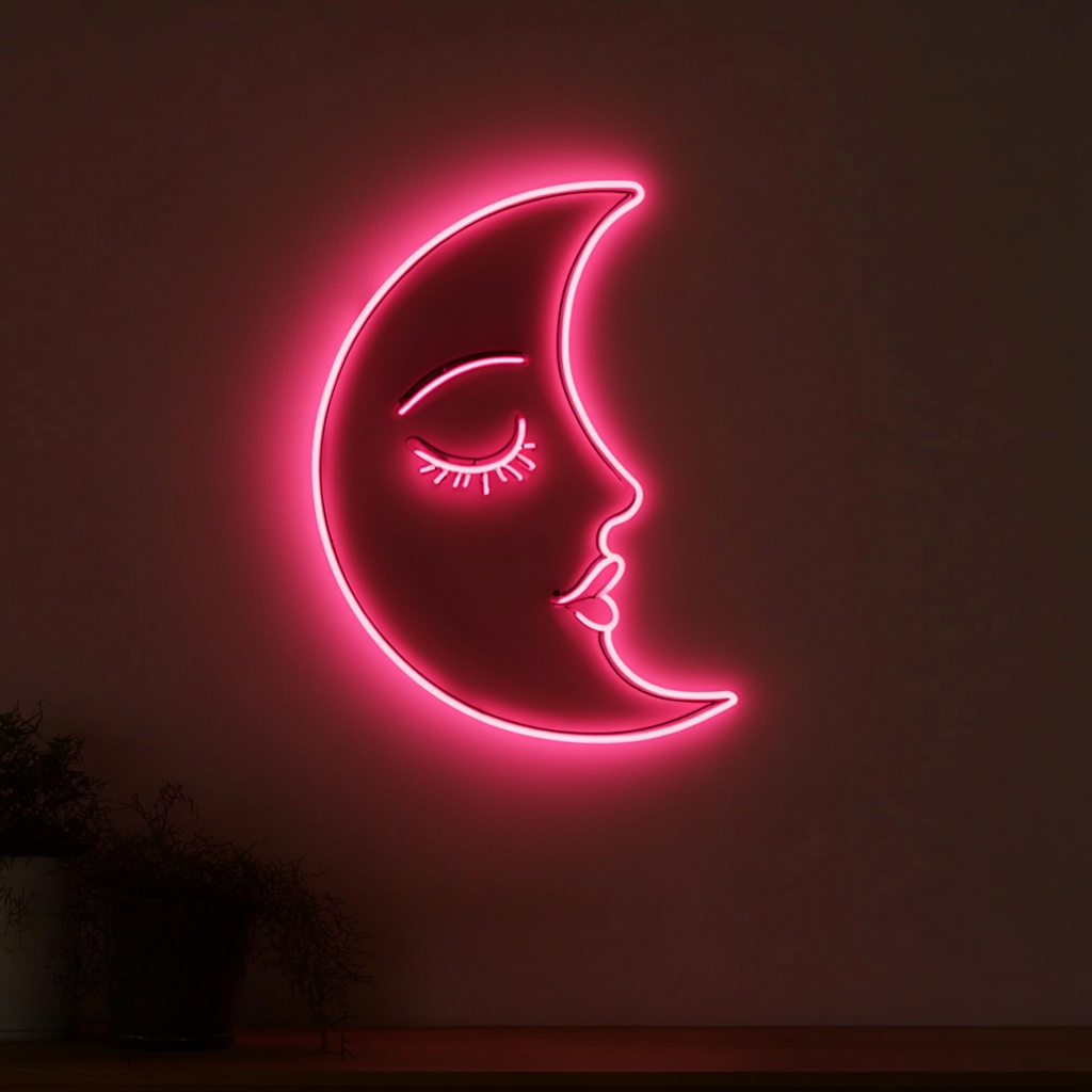 Sleeping Moon - Pink Neon Sign, 18 Inches