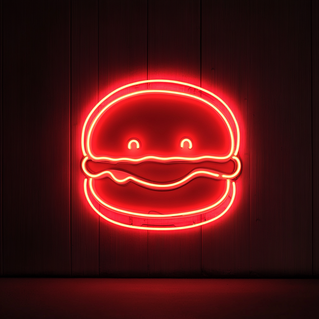 Smiling Burger - Red Neon Sign, 18 Inches