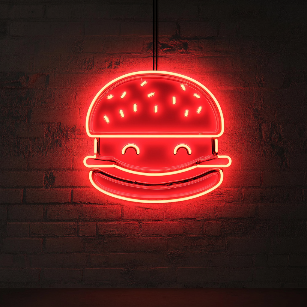 Smiling Burger - Red Neon Sign, 18 Inches