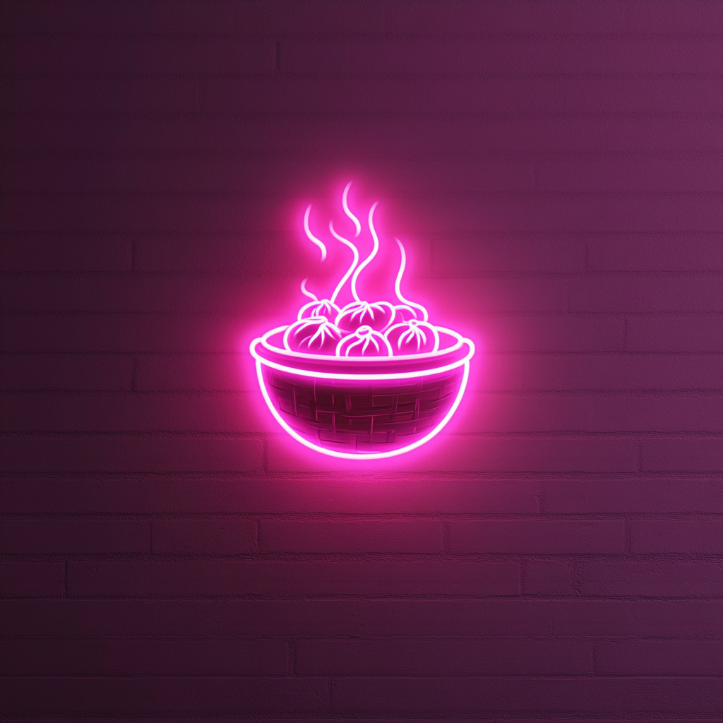 Steaming Dim Sum Basket - Pink Neon Sign, 18 Inches