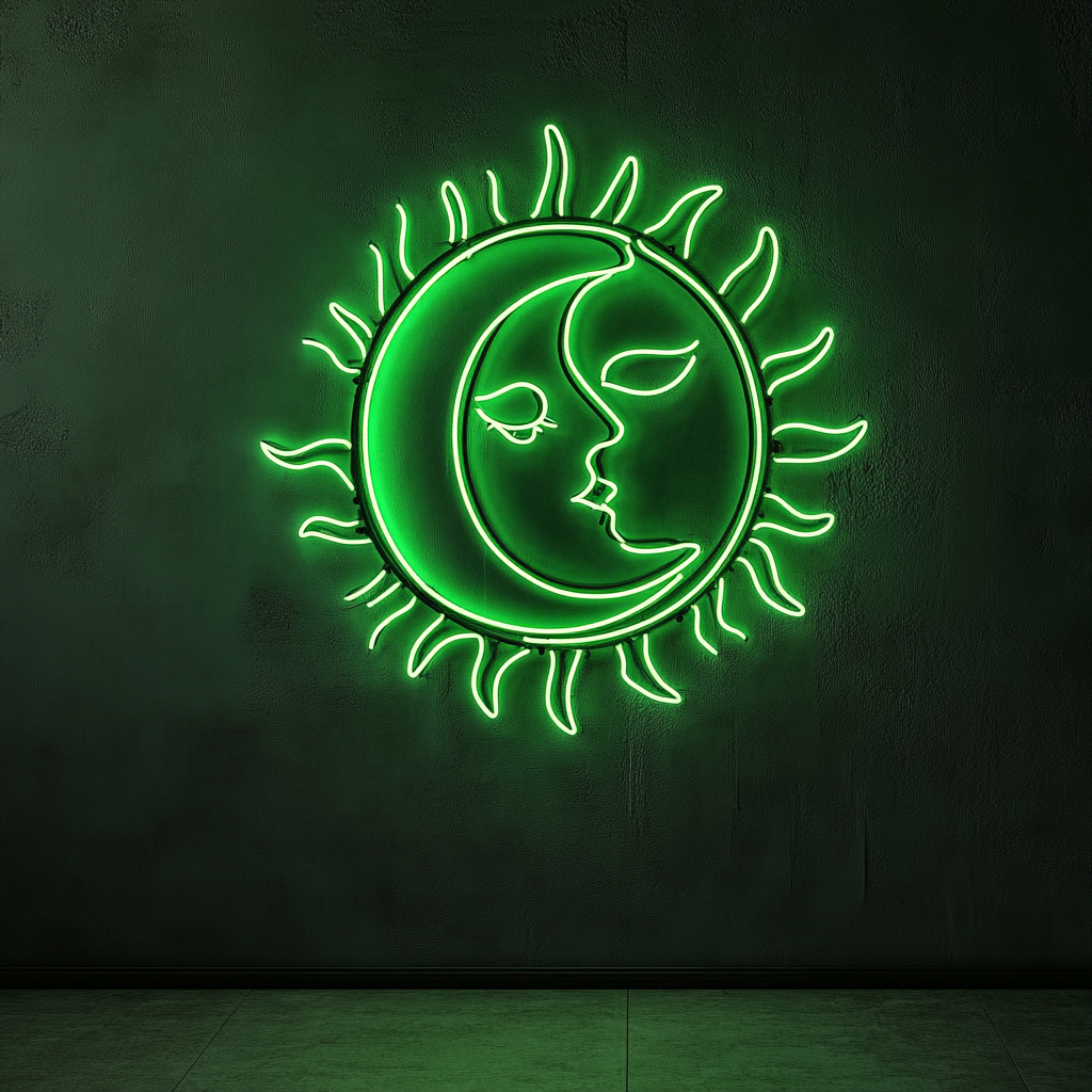 Sun and Moon - Green Neon Sign, 18 Inches