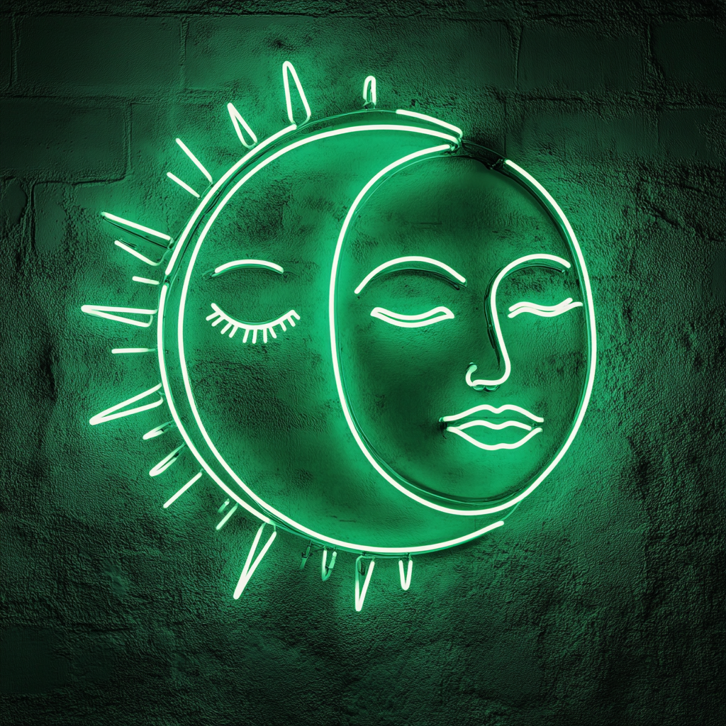 Sun and Moon Faces - Green Neon Sign, 24 Inches