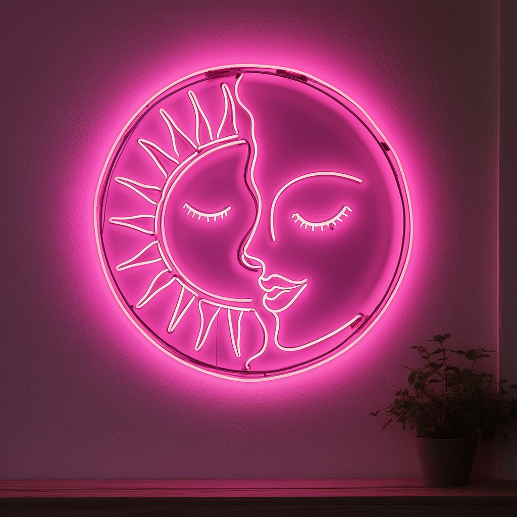 Sun and Moon Faces - Pink Neon Sign, 24 Inches