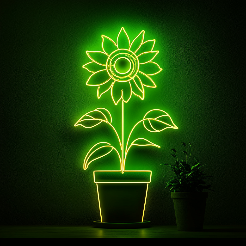 Sunflower in Pot - Green Neon Sign, 24 Inches