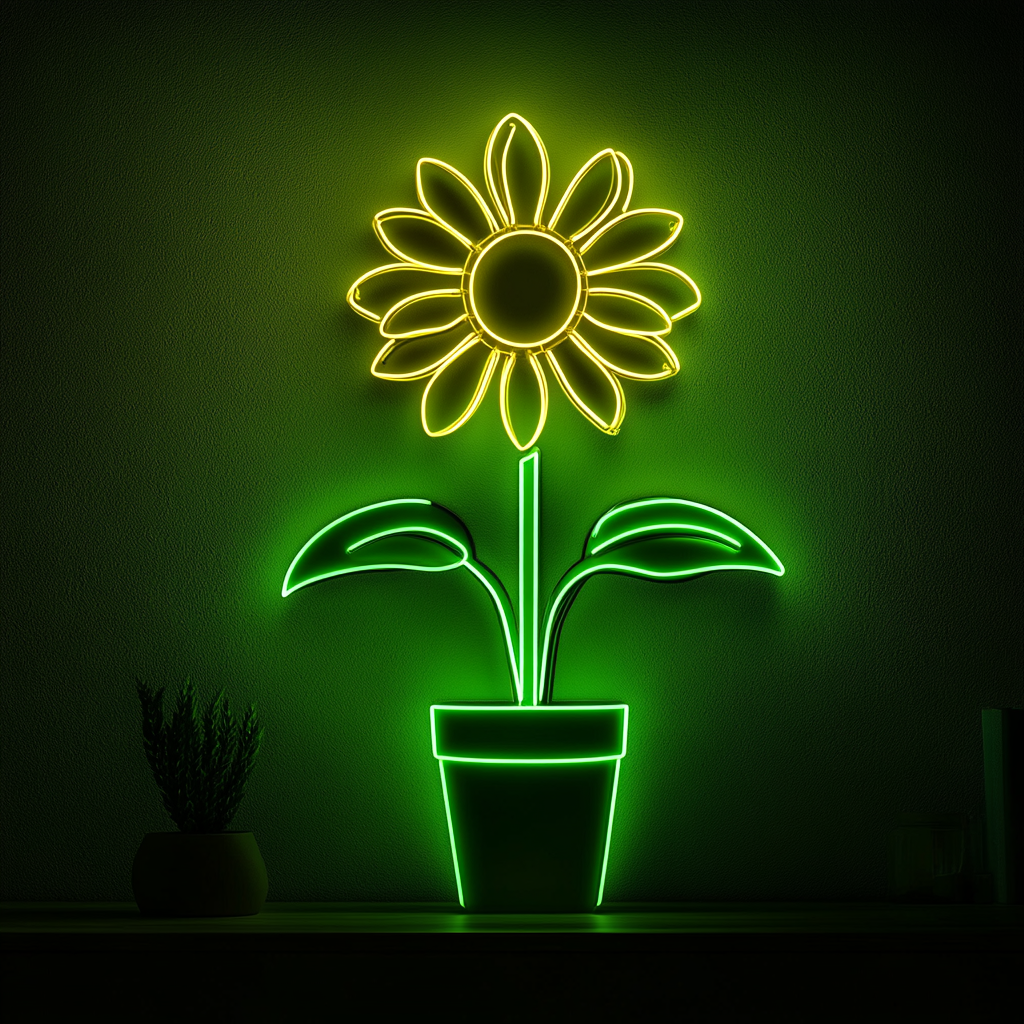 Sunflower in Pot - Green Neon Sign, 24 Inches