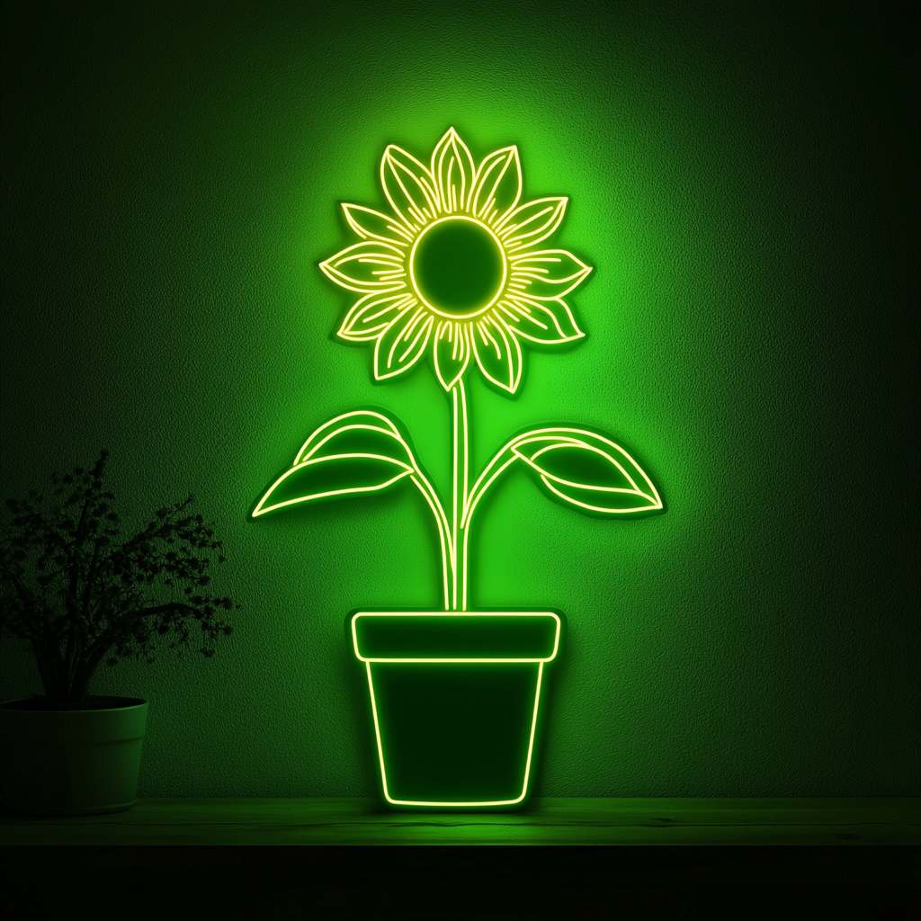 Sunflower in Pot - Green Neon Sign, 24 Inches
