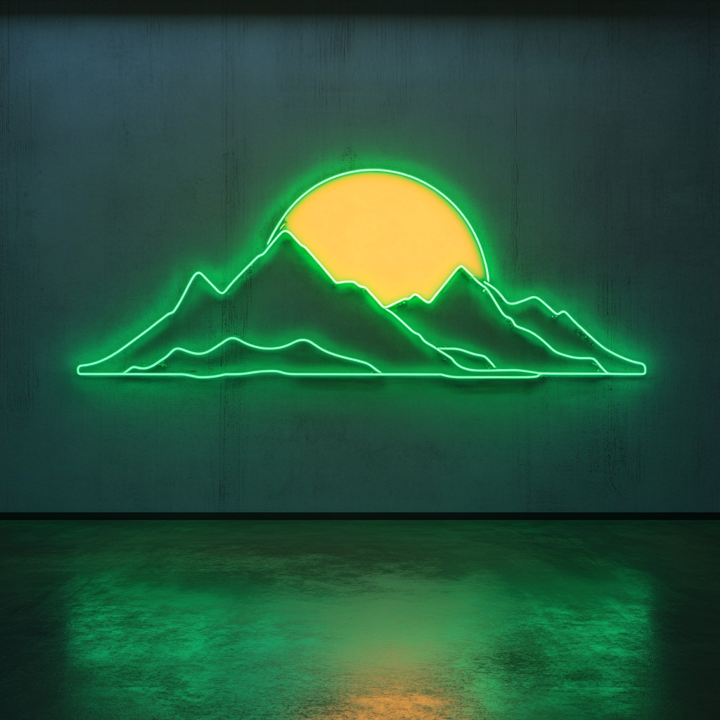 Sunset over Mountains - Green Neon Sign, 18 Inches