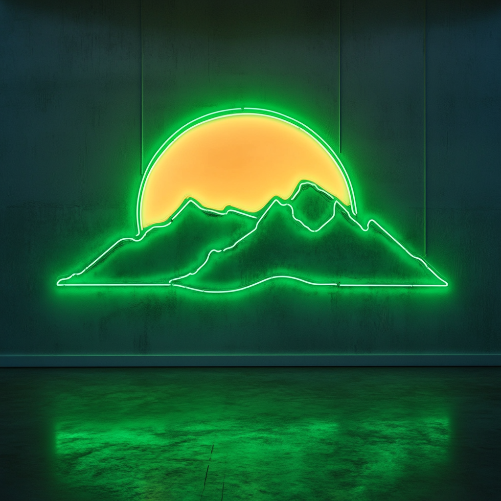 Sunset over Mountains - Green Neon Sign, 24 Inches