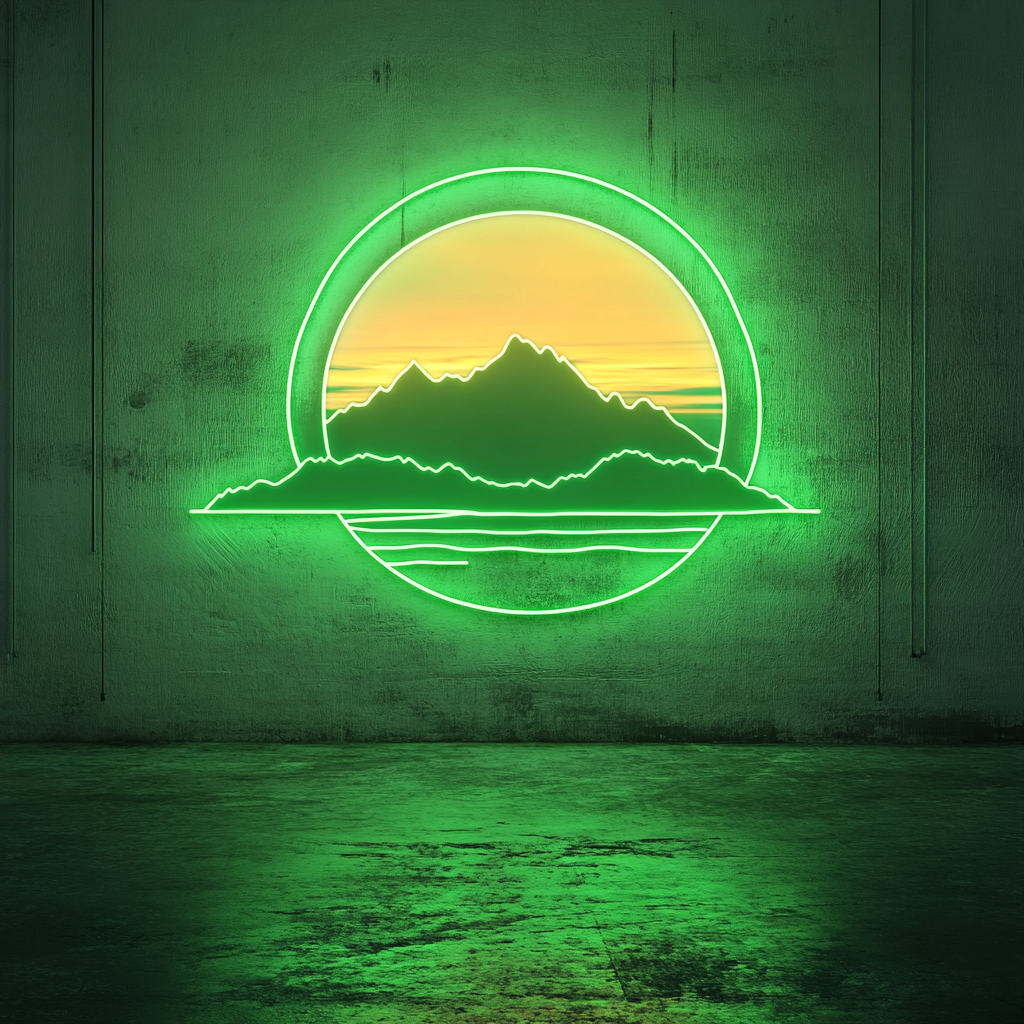 Sunset over Mountains - Green Neon Sign, 24 Inches