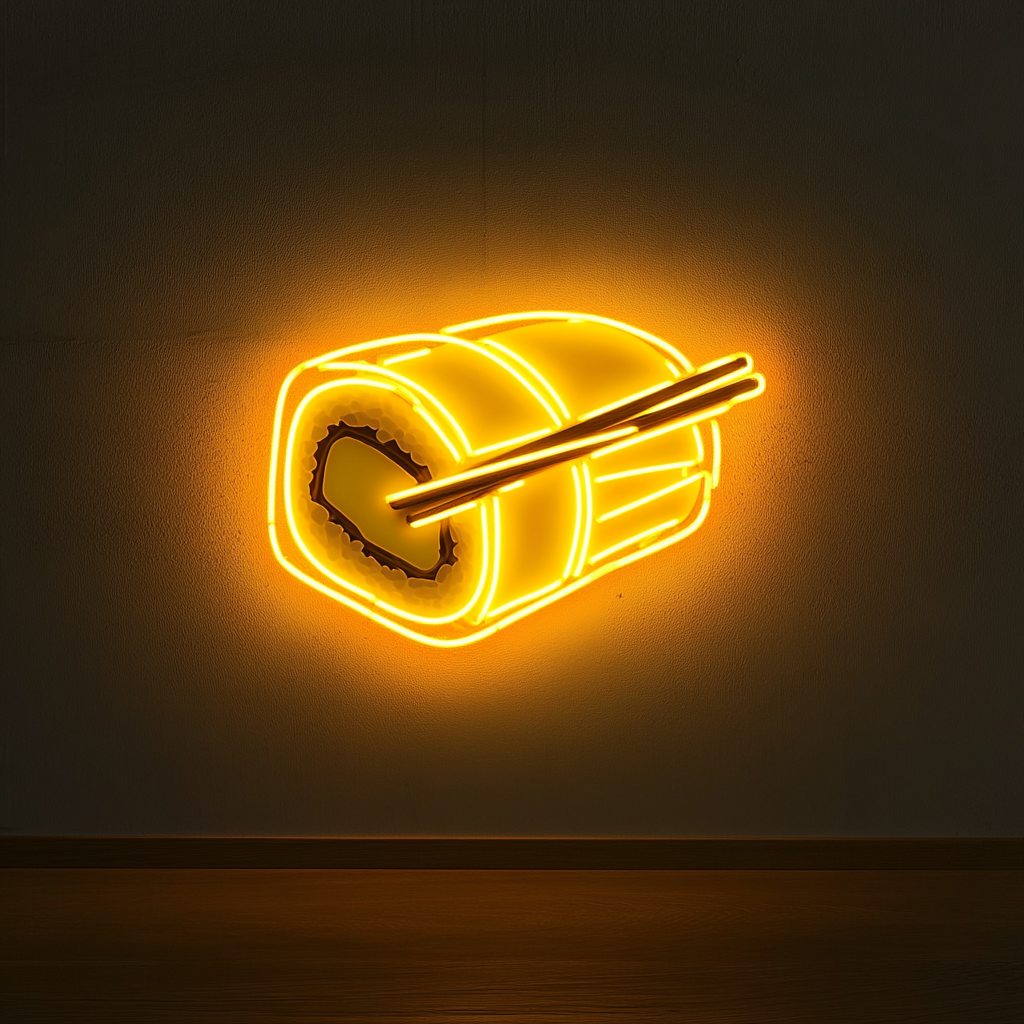Sushi Roll with Chopsticks - Yellow Neon Sign, 24 Inches