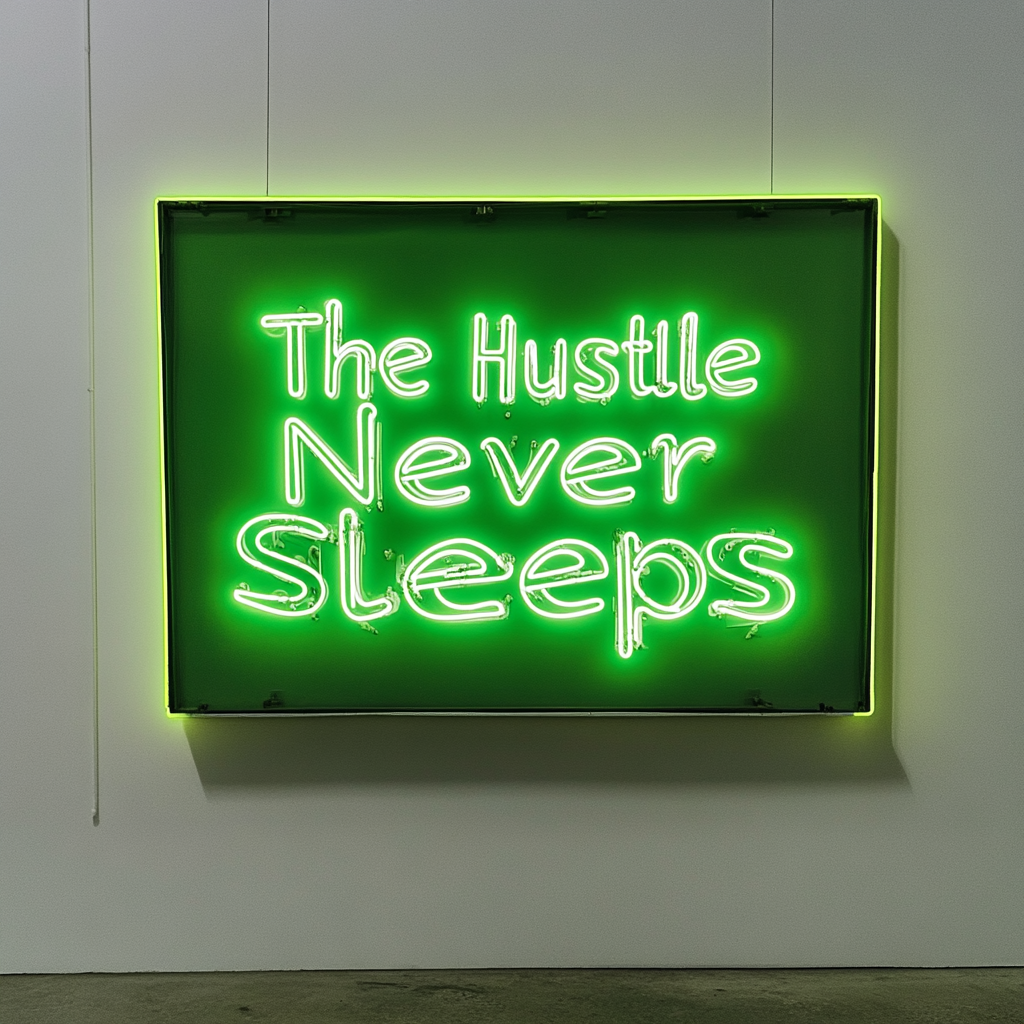 "The Hustle Never Sleeps" - Green Neon Sign, 18 Inches